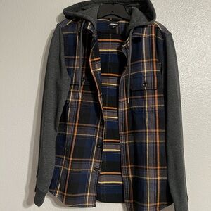 Express Men's Gray and Blue Plaid flannel shirt